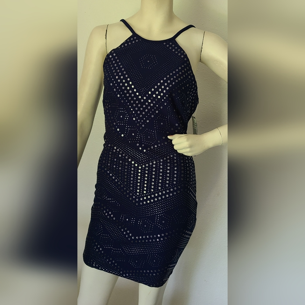 JUMP APPAREL Womens Navy StuddedSleeveless Halter Short Cocktail Sheath